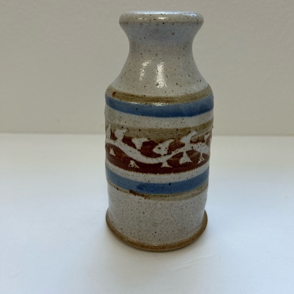 MCM/  Studio Pottery Vase Hand Made / Hobbyist Piece Striped Mini Ceramic Vase - Picture 2 of 6